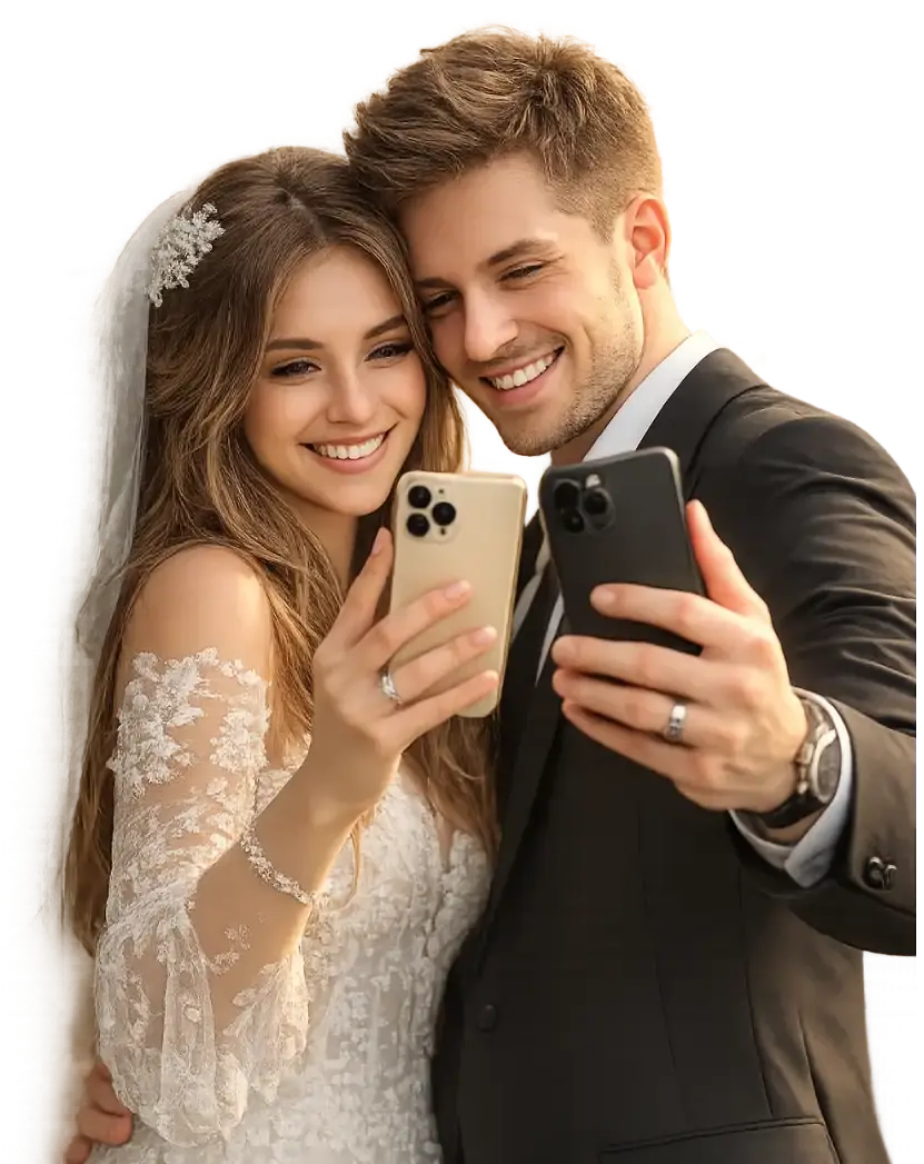 Dijital davetiyesini telefonundan gösteren gelin ve damat